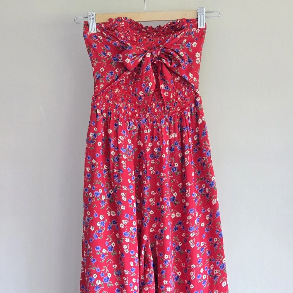 Patrons Of Peace Sz XS Floral Smocked Strapless Wide-Leg Jumpsuit Prairie Travel